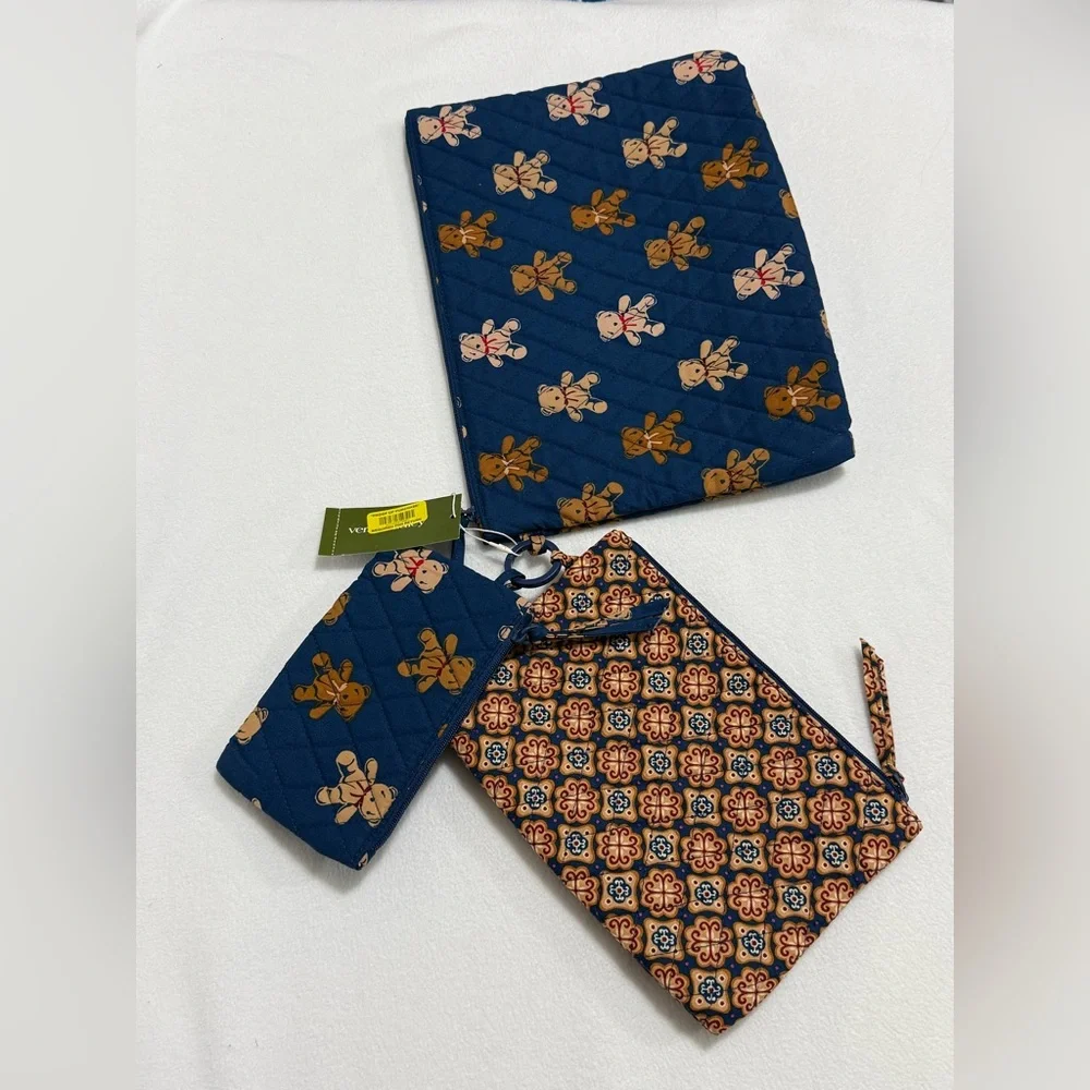 Vera Bradley - 3 Pouch Organizer Set Blue Gold Quilted “Bunch of Bears” - NWT